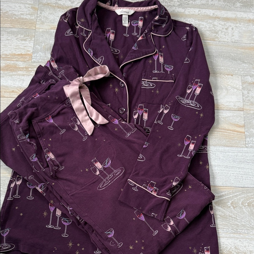 Soma Purple Pajama Set with Wine Glass Design